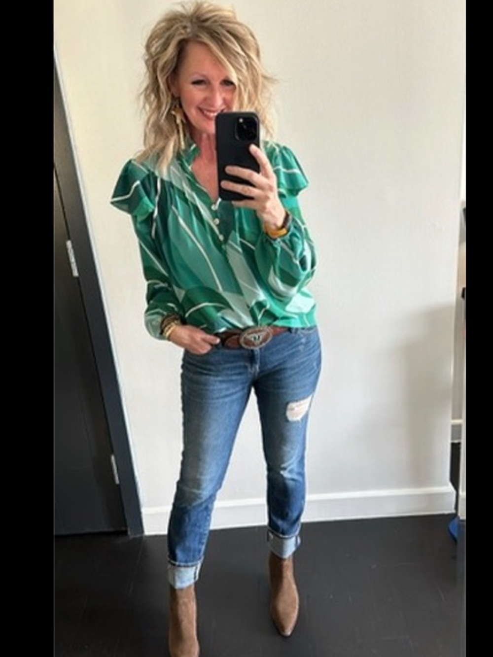 Green Patterned Ruffle-Sleeve Blouse - Women